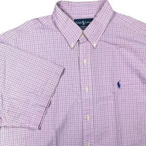 RALPH LAUREN Mens XL Classic Fit Pink & Blue Tattersall Plaid Short Sleeve Shirt